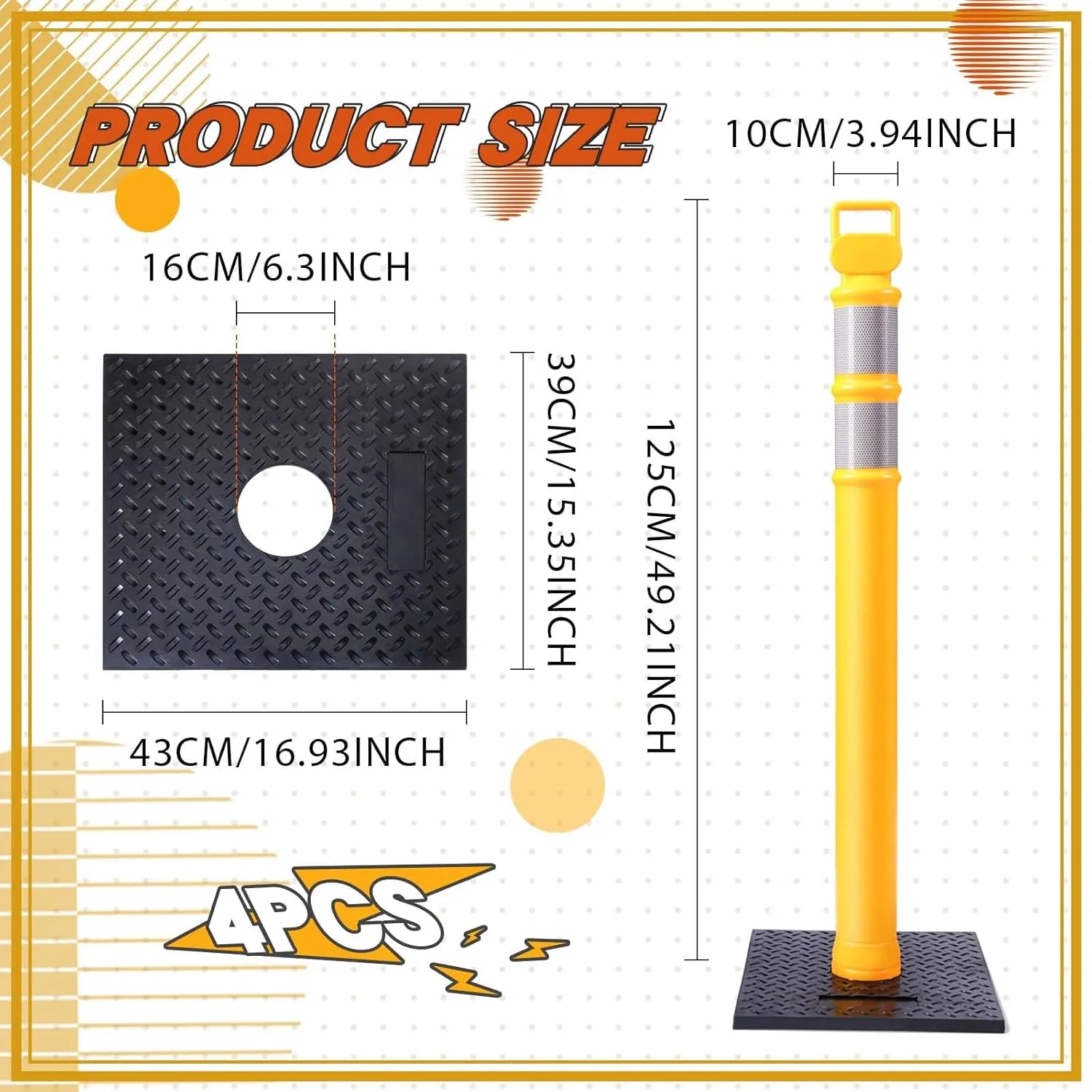Kanayu 49 Inch Traffic Delineator Posts with 15lbs Rubber Base PE Delineator Post Portable Parking Pole Traffic Cone Barrier with Removable Base, Reflective Band(4 Packs,Yellow)