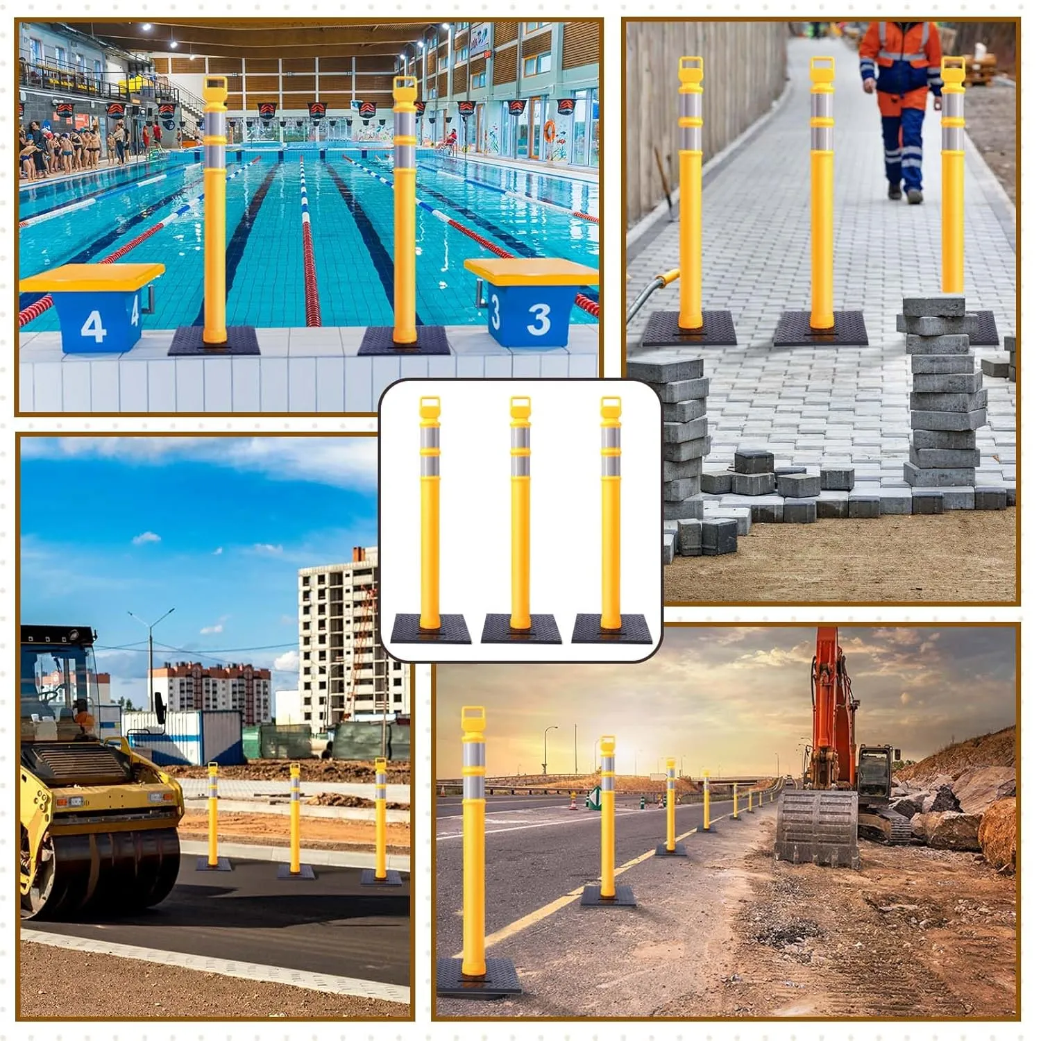 Kanayu 49 Inch Traffic Delineator Posts with 15lbs Rubber Base PE Delineator Post Portable Parking Pole Traffic Cone Barrier with Removable Base, Reflective Band(4 Packs,Yellow)