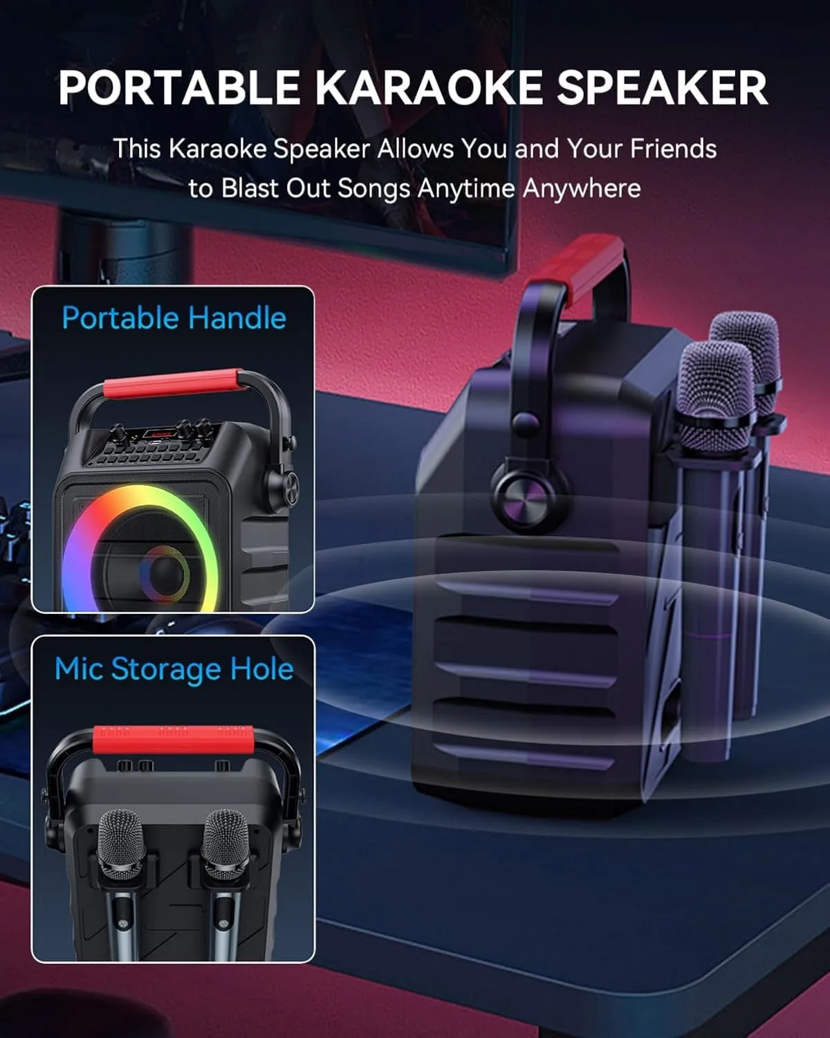 Karaoke Machine,Karaoke Machine for Adults & Kids,Karaoke Speaker with 2 Wireless Microphones,Portable Bluetooth Karaoke Speaker Supports TWS/REC/AUX/USB/TF for Party
