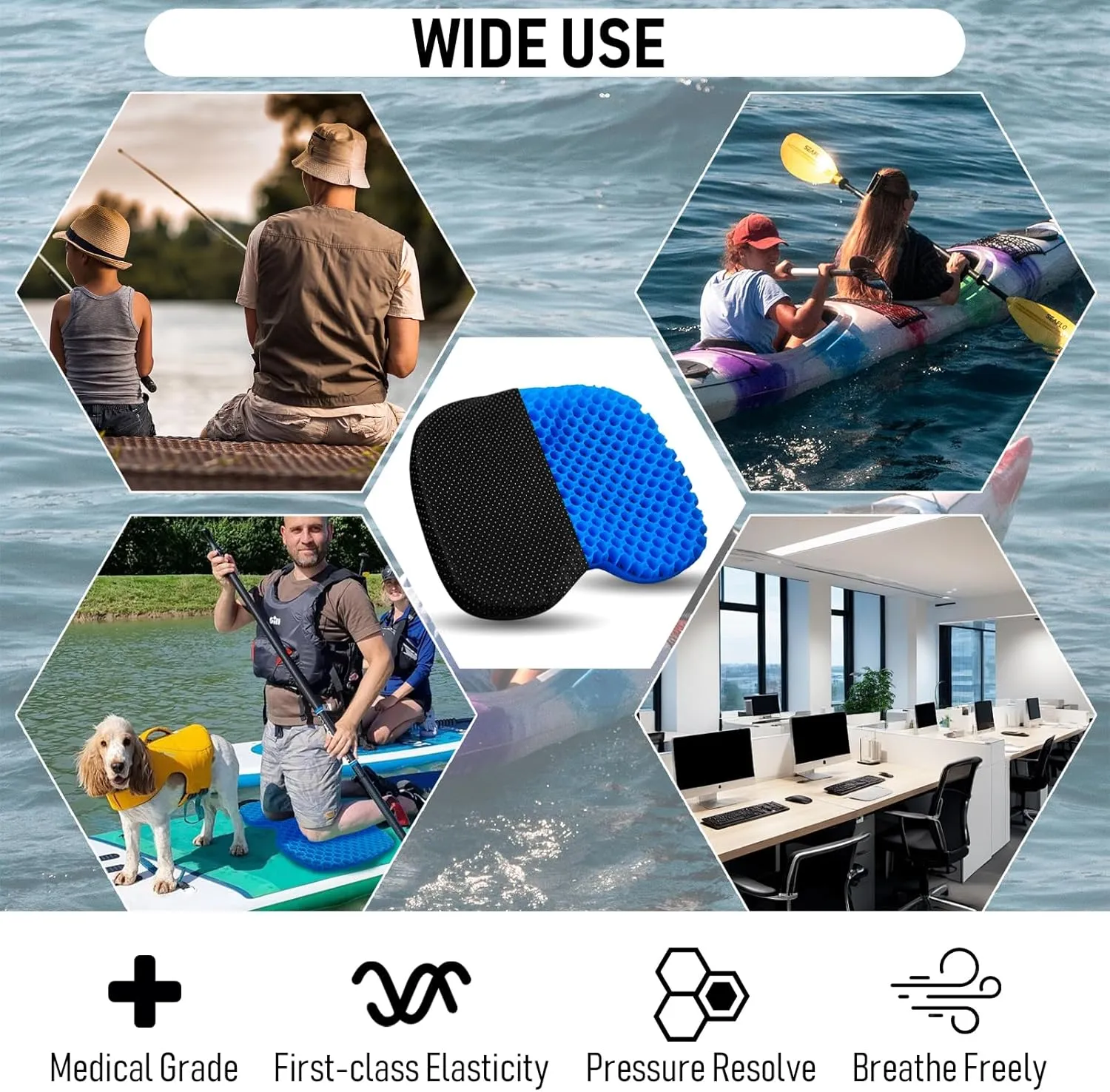 Kayak Seat Cushion, Thicken Anti Slip Waterproof Gel Kayak Seat, Portable Canoe Rowing Rubber Dinghy Pad for Stadium Sit in Kayak Inflatable Fishing Kayak Canoe Kayak Accessories
