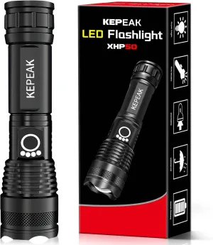 KEPEAK Flashlight, Rechargeable 2000 High Lumen Tactical Handheld Waterproof Zoomable LED Flashlight with 5 Light Modes for Emergency, Camping and Hiking