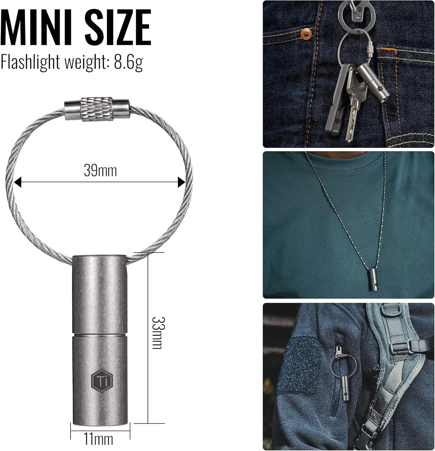 KeyUnity KF00 Titanium Mini Keychain LED Flashlight, 15 Lumens Waterproof Electric Torch Light Handheld Size Single Mode for Camping, Hiking, Climbing, Fishing, Backpacking (KF00 Sandblasted)