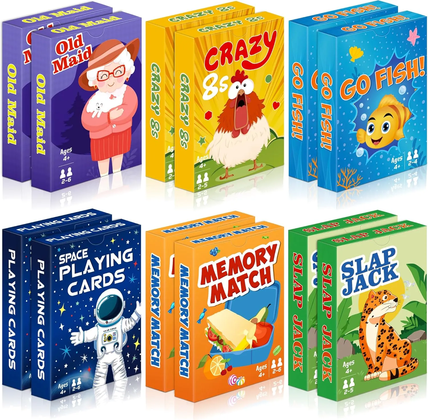 Kids Card Games,12 Decks,Go Fish, Old Maid, Crazy Eights, Memory Match, Slap Jack, Space Playing Cards, Family Game Night Classic Table Games, Stocking Stuffers for Kids Toddlers