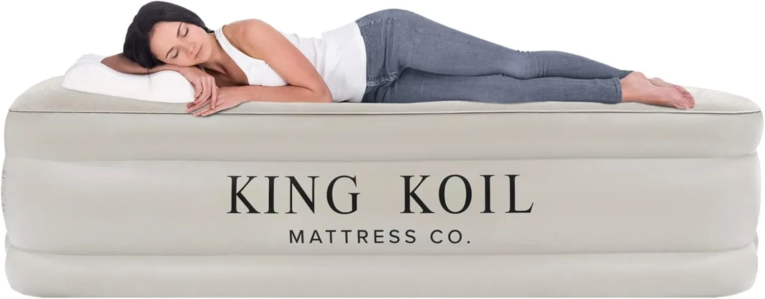 King Koil Luxury Air Mattress 16in Full Size Beige with Built-in Pump for Home, Camping & Guests-Inflatable Airbed Luxury Double High Adjustable Blow Up Mattress, Durable - Portable and Waterproof
