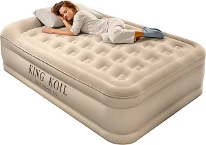 King Koil Luxury Air Mattress 16in Full Size Beige with Built-in Pump for Home, Camping & Guests-Inflatable Airbed Luxury Double High Adjustable Blow Up Mattress, Durable - Portable and Waterproof