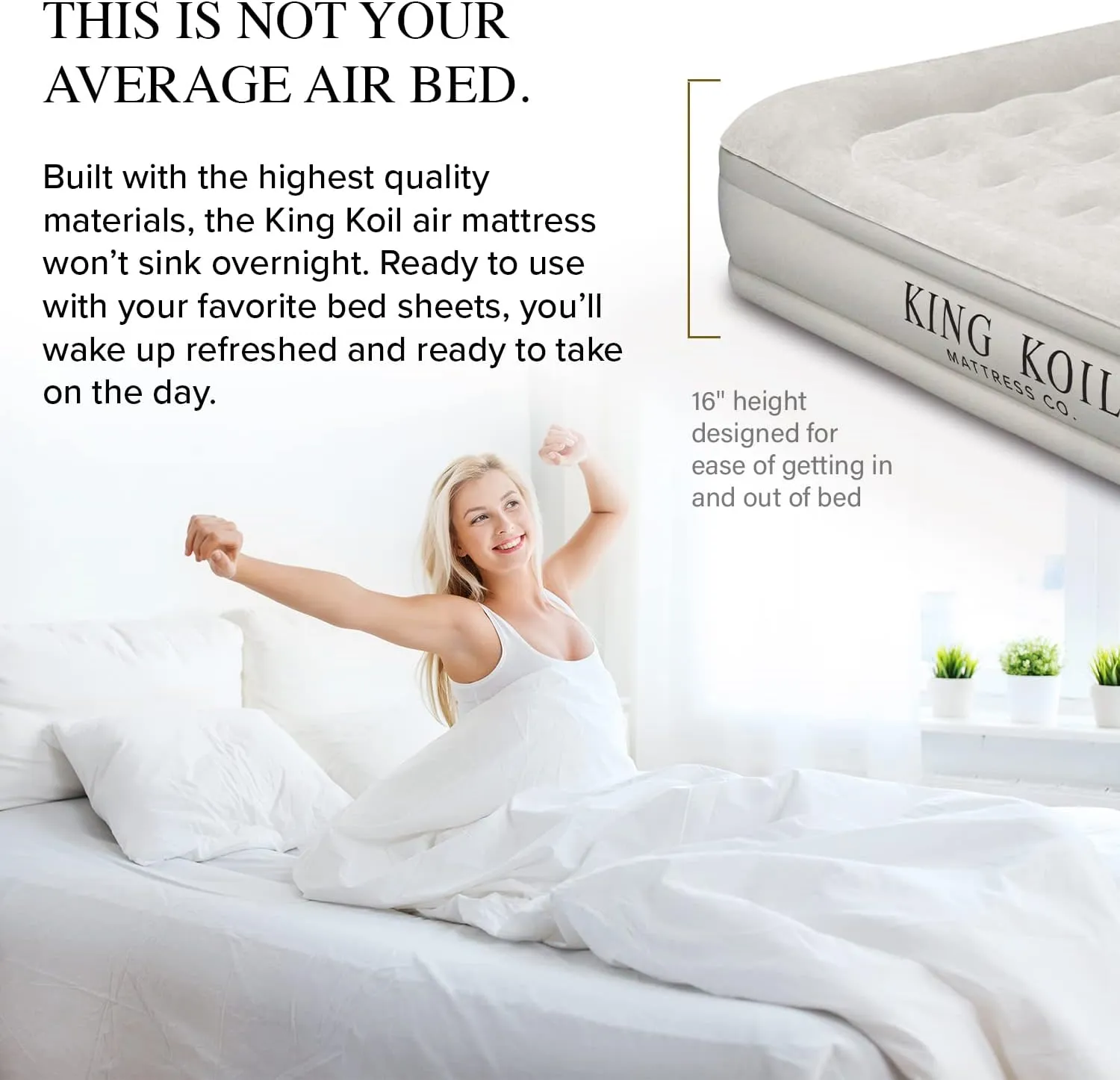 King Koil Luxury Air Mattress 16in Full Size Beige with Built-in Pump for Home, Camping & Guests-Inflatable Airbed Luxury Double High Adjustable Blow Up Mattress, Durable - Portable and Waterproof