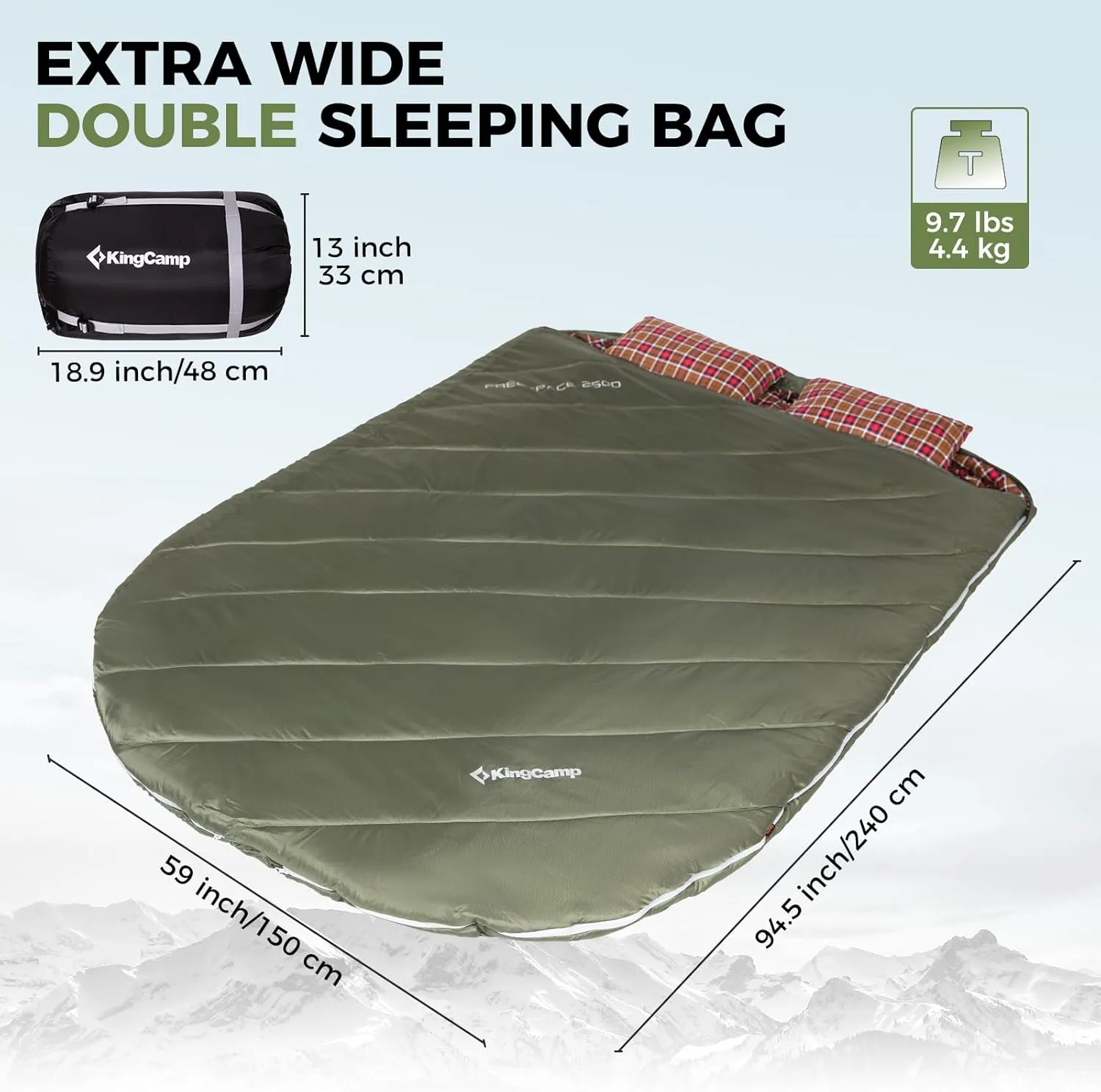 KingCamp Double Sleeping Bag for Adults, Queen Size 2 Person XXL Flannel Sleeping Bag, Waterproof Lightweight Flannel Quilt with 2 Pillows, Perfect for Couples Family Camping Hiking