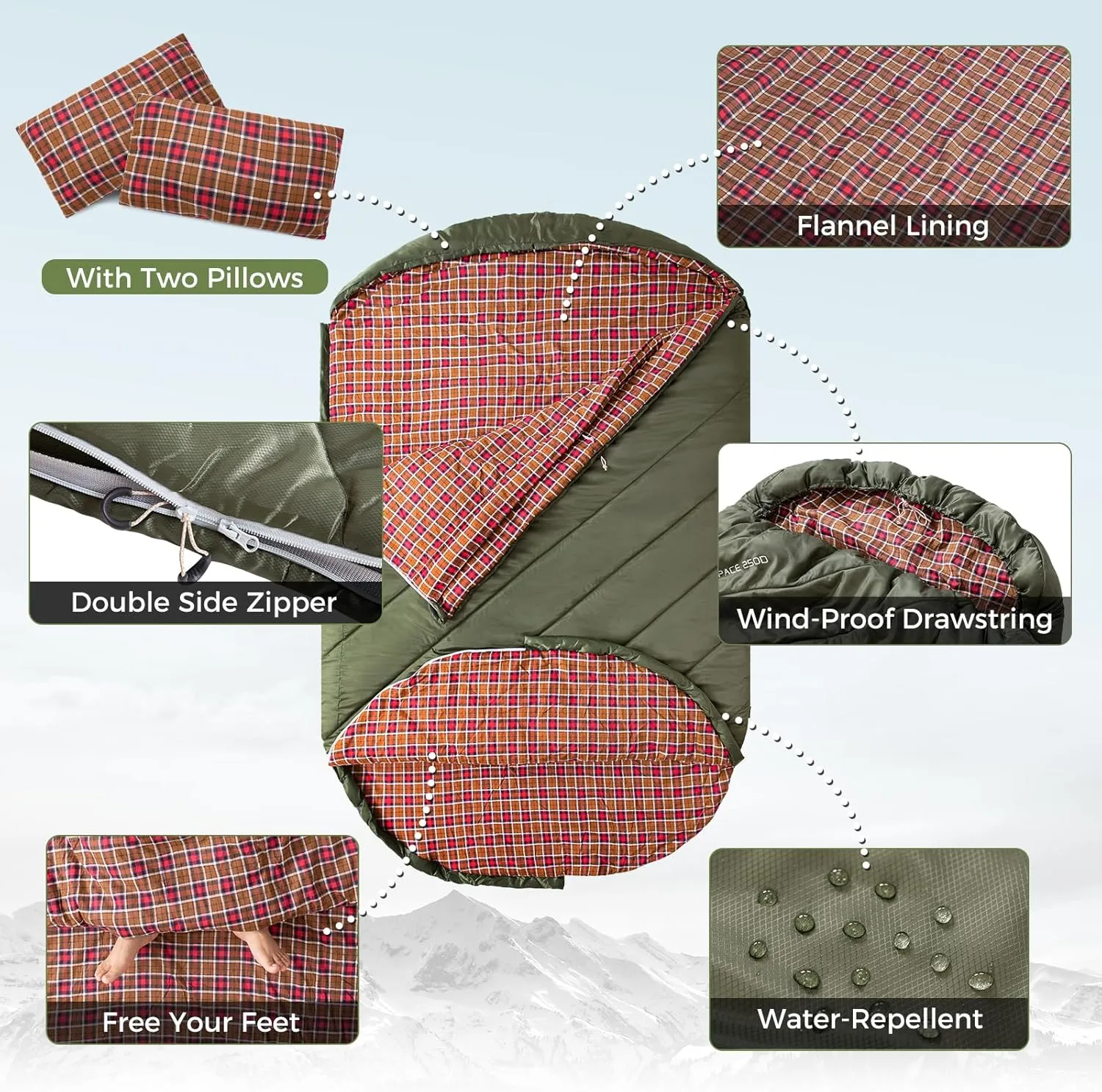 KingCamp Double Sleeping Bag for Adults, Queen Size 2 Person XXL Flannel Sleeping Bag, Waterproof Lightweight Flannel Quilt with 2 Pillows, Perfect for Couples Family Camping Hiking