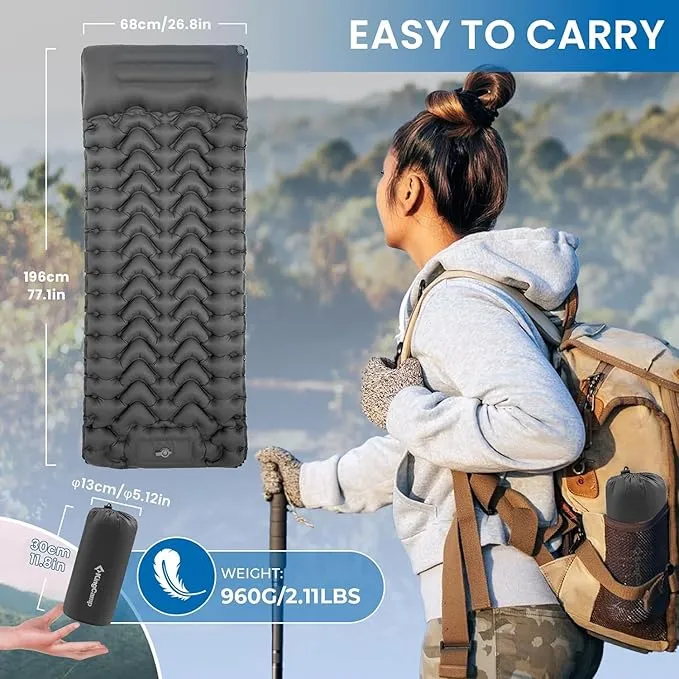 KingCamp Sleeping Pads for Camping, Self Inflating Camping Mattress with Built-in Foot Pump, Connectable Durable Inflatable Sleeping Mat with Pillow, Compact Camping Air Mattress for Camping Hiking