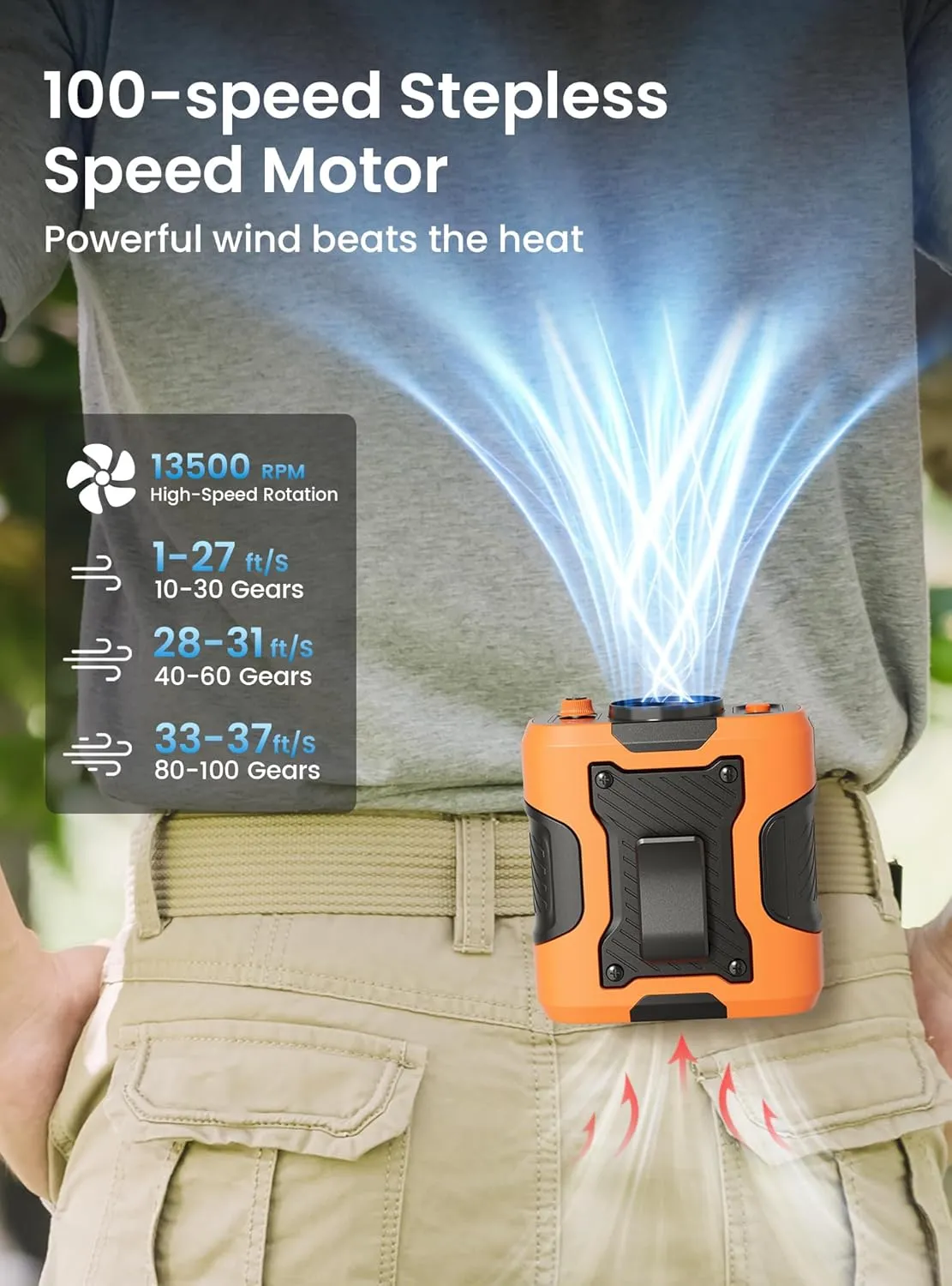 Koonie Portable Waist Clip Fan, Wearable Belt Personal Fan with 100 Levels Speeds, 13500RPM Strong Airflow, Rechargeable Battery Supports 24H Use Time, Cool Clip Under Shirt for Outdoor Jobsite,Orange