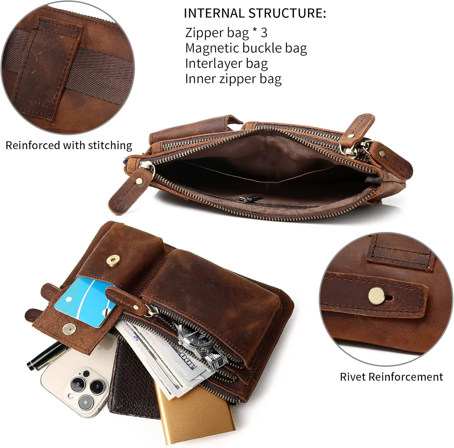 KPYWZER Vintage Leather Waist Bag Fanny Pack for Men Women Hip Bum Bag Belt Slim Cell Phone Purse Wallet Vintage Retro Crossbody Sling Pouch Deep Brown