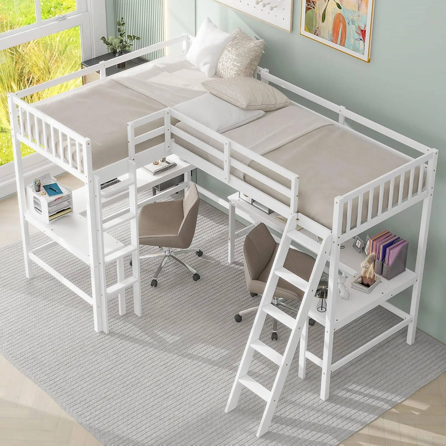 L-Shape Loft Bed for 2 Kids, Wood Twin Size Double Loft Bed with Two Desk, High Loft Bed Frame with Ladders and Guardrails for Girls Boys Teens, White