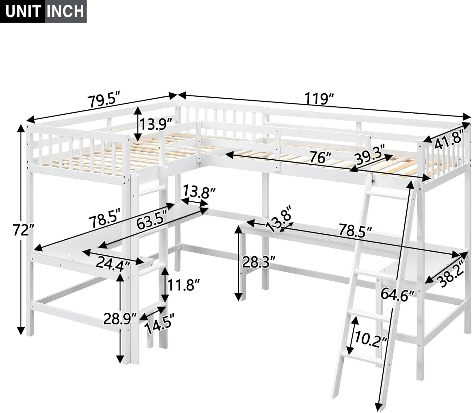 L-Shape Loft Bed for 2 Kids, Wood Twin Size Double Loft Bed with Two Desk, High Loft Bed Frame with Ladders and Guardrails for Girls Boys Teens, White