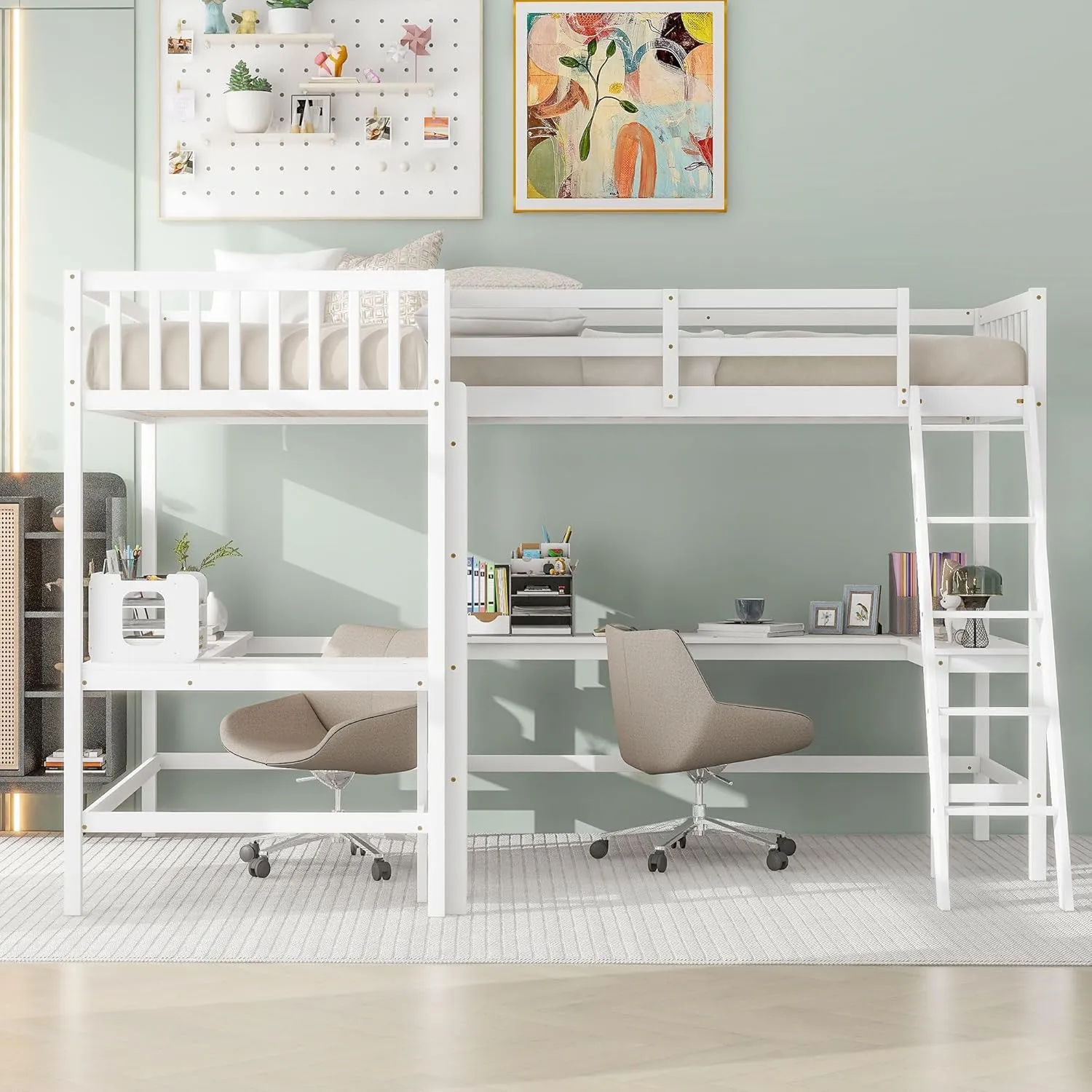 L-Shape Loft Bed for 2 Kids, Wood Twin Size Double Loft Bed with Two Desk, High Loft Bed Frame with Ladders and Guardrails for Girls Boys Teens, White