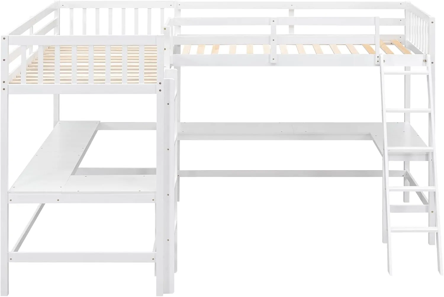 L-Shape Loft Bed for 2 Kids, Wood Twin Size Double Loft Bed with Two Desk, High Loft Bed Frame with Ladders and Guardrails for Girls Boys Teens, White