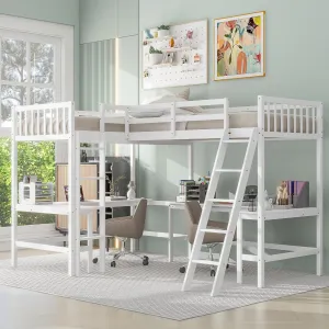 L-Shape Loft Bed for 2 Kids, Wood Twin Size Double Loft Bed with Two Desk, High Loft Bed Frame with Ladders and Guardrails for Girls Boys Teens, White