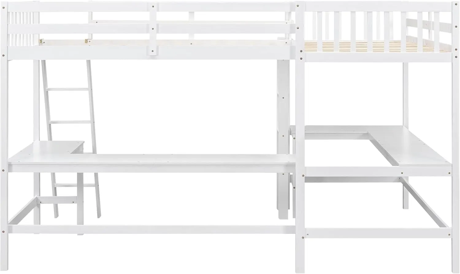 L-Shape Loft Bed for 2 Kids, Wood Twin Size Double Loft Bed with Two Desk, High Loft Bed Frame with Ladders and Guardrails for Girls Boys Teens, White
