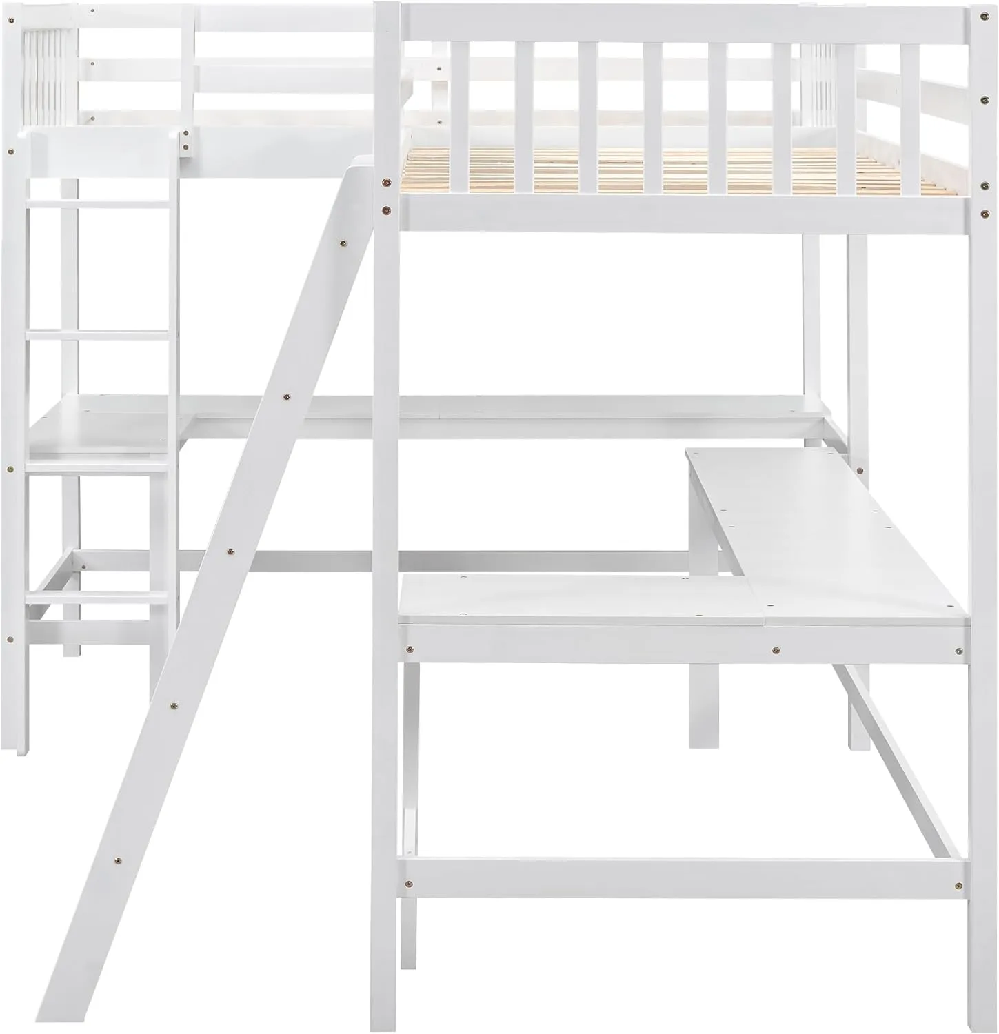 L-Shape Loft Bed for 2 Kids, Wood Twin Size Double Loft Bed with Two Desk, High Loft Bed Frame with Ladders and Guardrails for Girls Boys Teens, White