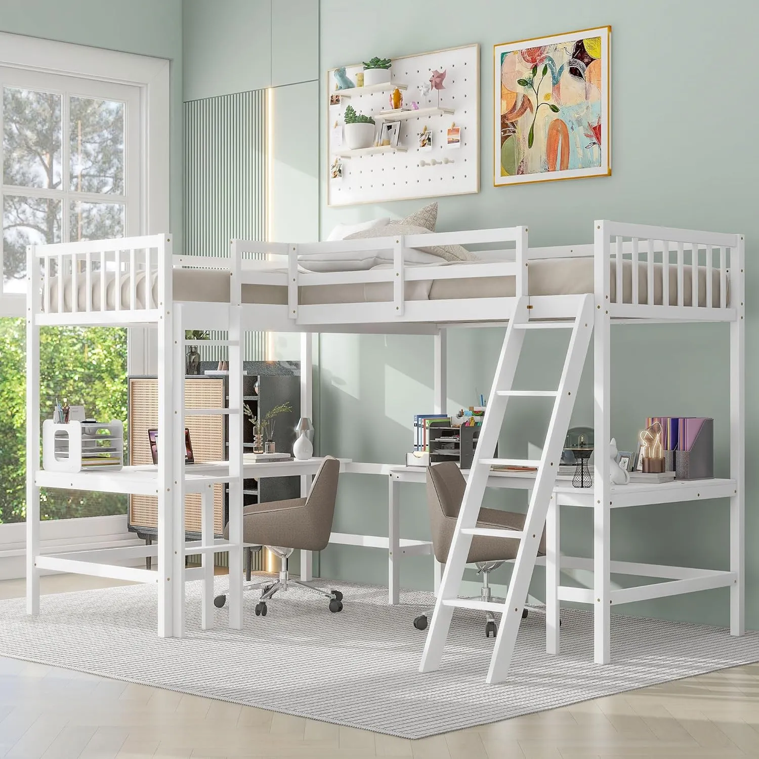 L-Shape Loft Bed for 2 Kids, Wood Twin Size Double Loft Bed with Two Desk, High Loft Bed Frame with Ladders and Guardrails for Girls Boys Teens, White