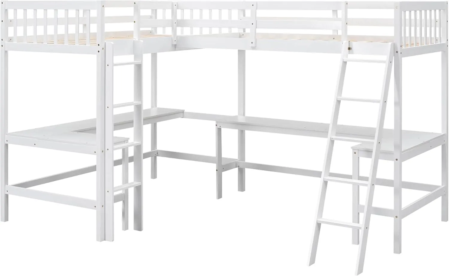 L-Shape Loft Bed for 2 Kids, Wood Twin Size Double Loft Bed with Two Desk, High Loft Bed Frame with Ladders and Guardrails for Girls Boys Teens, White