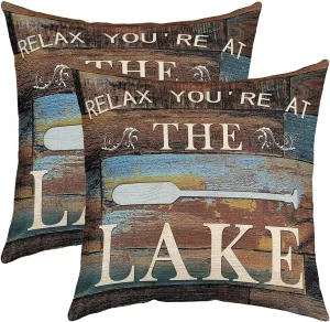 Lake Paddle Decor Throw Pillow Covers 18x18 Inch Set of 2, Rustic Farmhouse Old Barn Pillow Covers for Sofa, Lake House Cushion Cases, Retro Wooden Stripes Decorative Square Pillow Cases, Brown