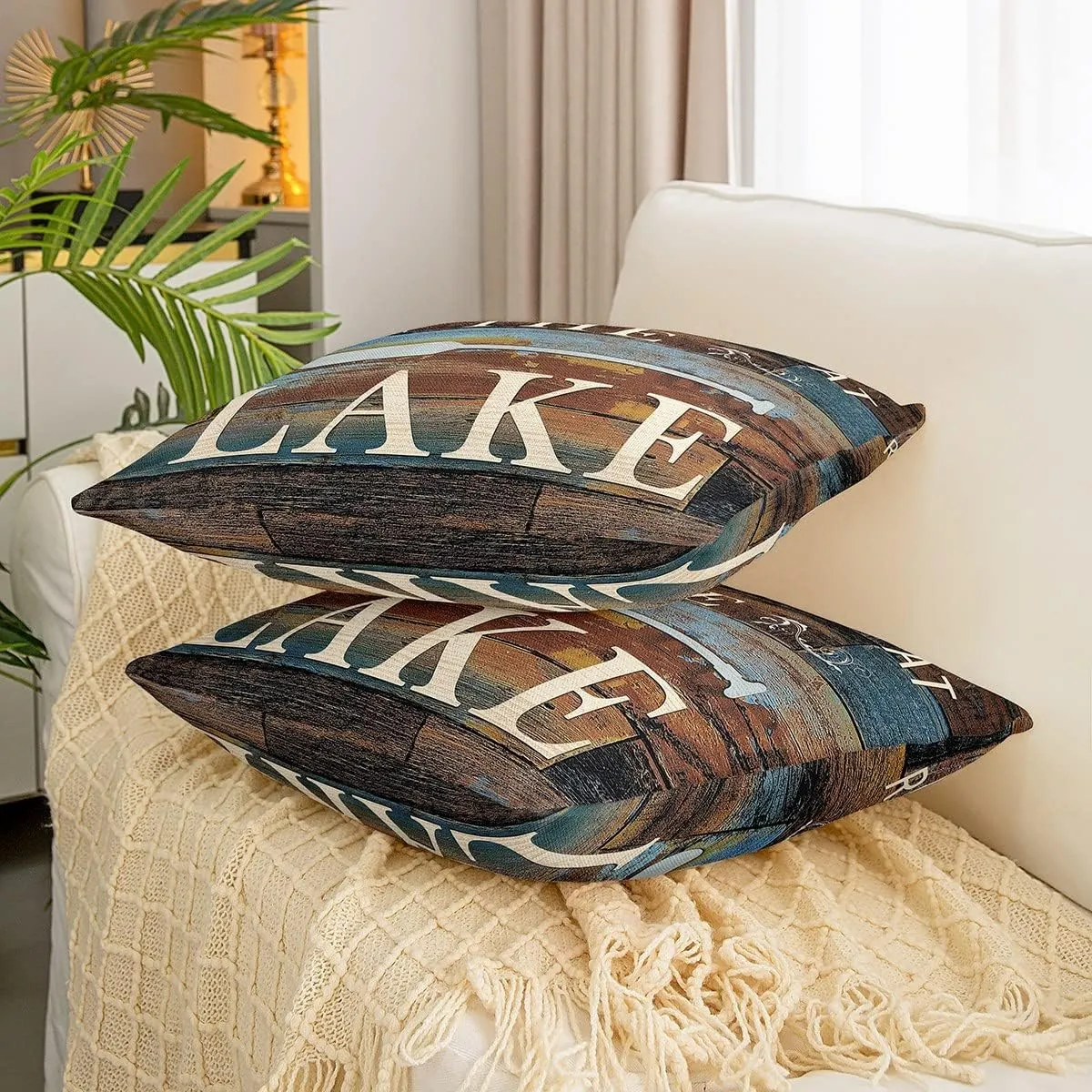 Lake Paddle Decor Throw Pillow Covers 18x18 Inch Set of 2, Rustic Farmhouse Old Barn Pillow Covers for Sofa, Lake House Cushion Cases, Retro Wooden Stripes Decorative Square Pillow Cases, Brown