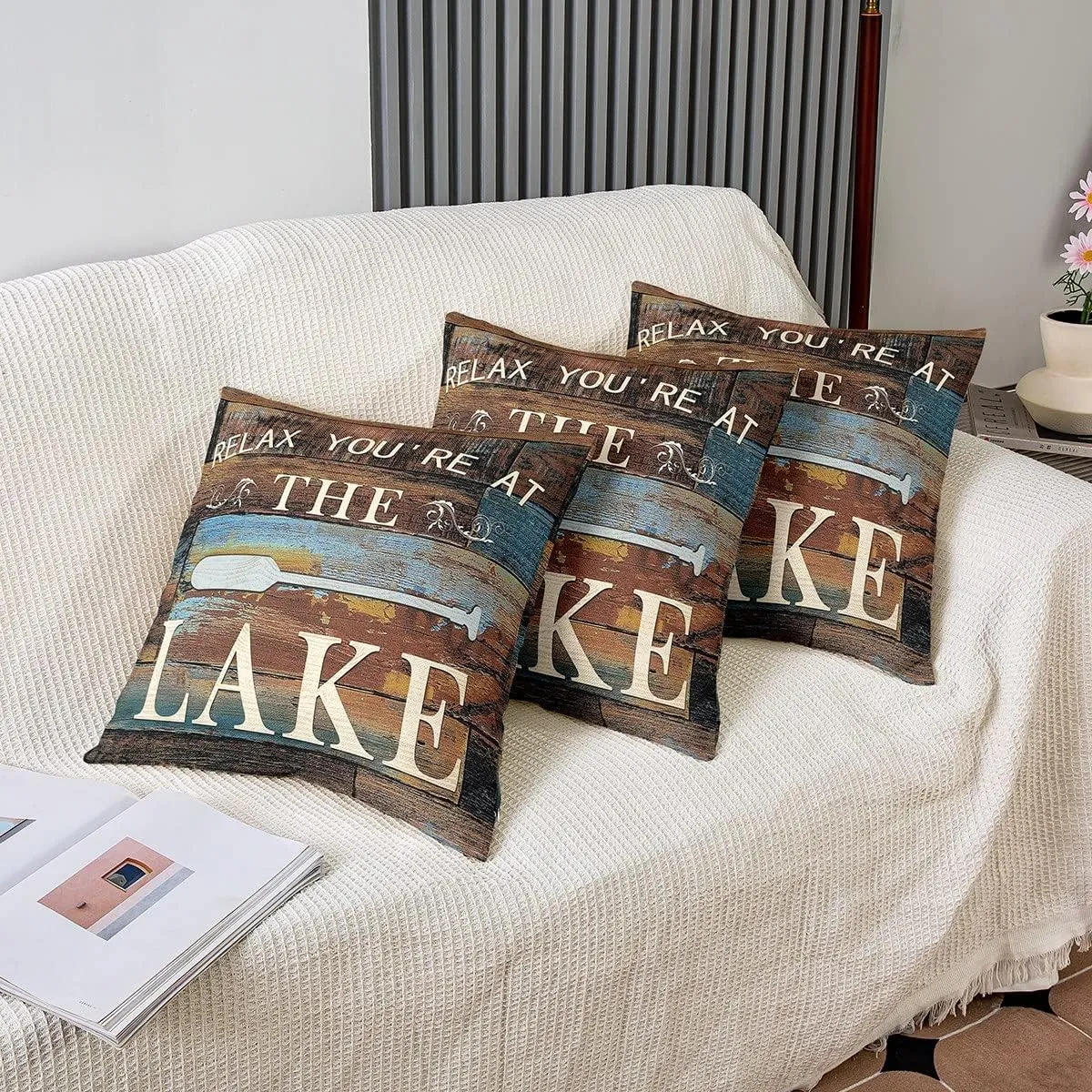 Lake Paddle Decor Throw Pillow Covers 18x18 Inch Set of 2, Rustic Farmhouse Old Barn Pillow Covers for Sofa, Lake House Cushion Cases, Retro Wooden Stripes Decorative Square Pillow Cases, Brown