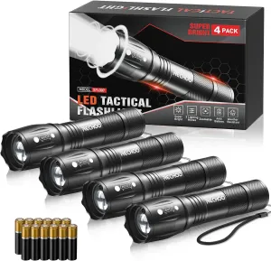 LED Flashlights High Lumens 4 Pack, Powerful Tactical Flashlight With 3 Modes, Pocket Small Flash Light, Waterproof Zoomable Flashlights for Home Emergencies, Camping Essentials (Battery Included)