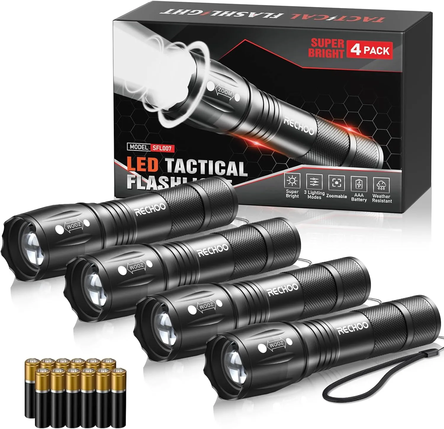 LED Flashlights High Lumens 4 Pack, Powerful Tactical Flashlight With 3 Modes, Pocket Small Flash Light, Waterproof Zoomable Flashlights for Home Emergencies, Camping Essentials (Battery Included)