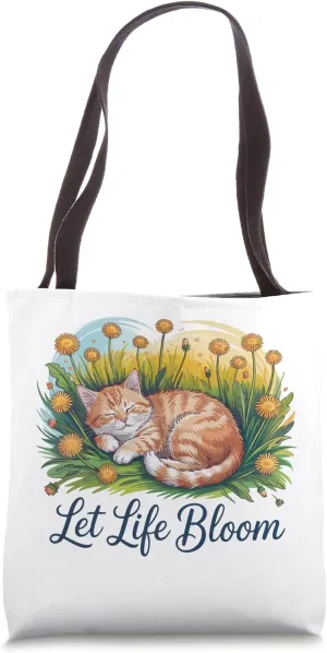 Let Life Bloom Kitten Relaxing in Dandelion Field Tote Bag