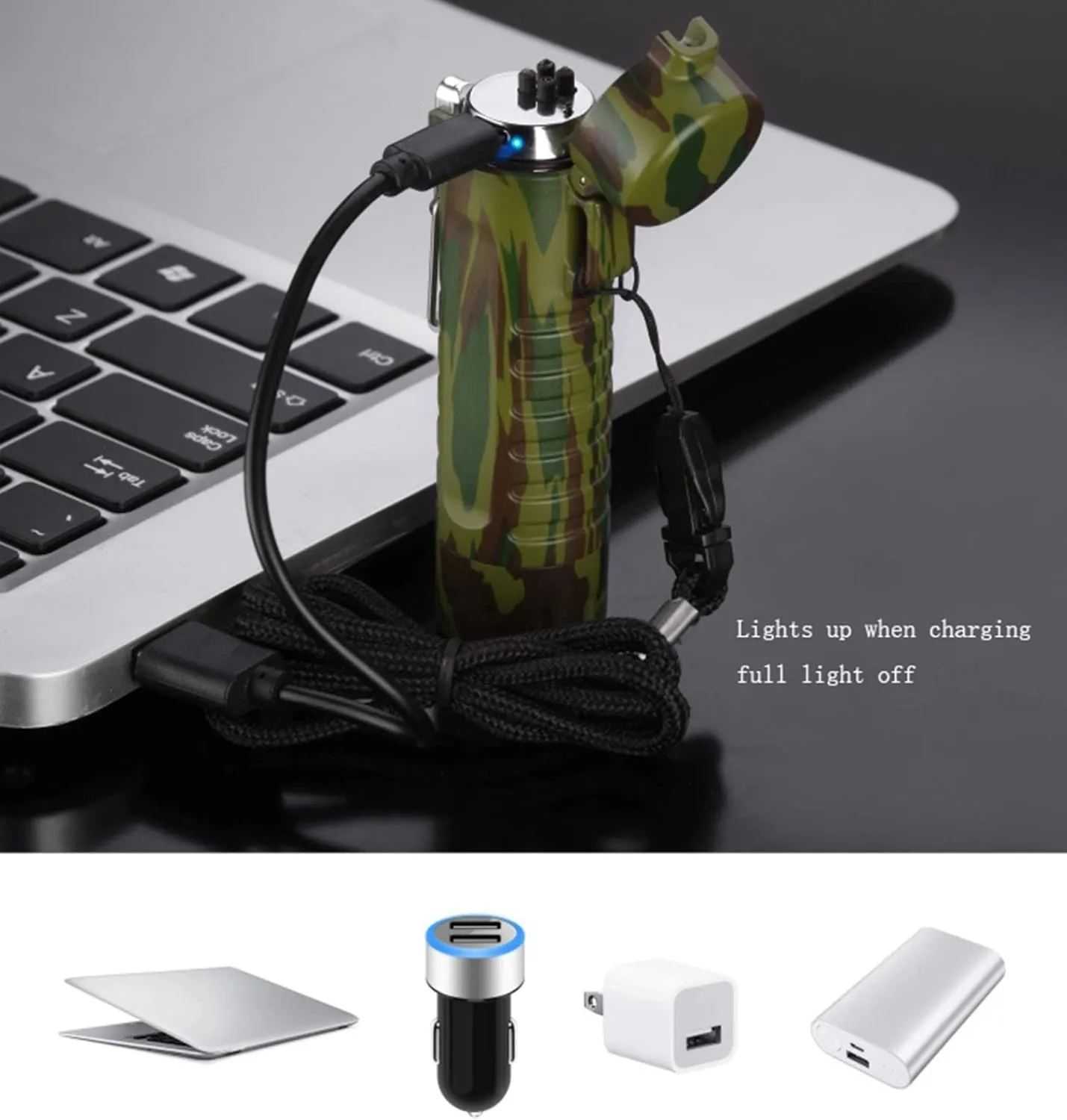 Lighter Plasma Arc Led Flashlight Lanyard USB Charging Water Proof Windproof for Outdoor Camping Survive(B)