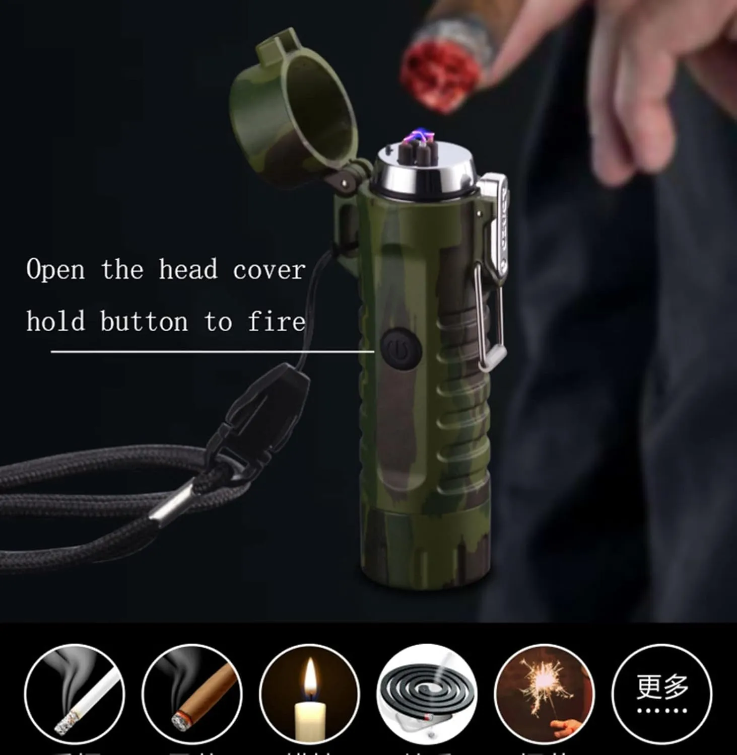 Lighter Plasma Arc Led Flashlight Lanyard USB Charging Water Proof Windproof for Outdoor Camping Survive(B)