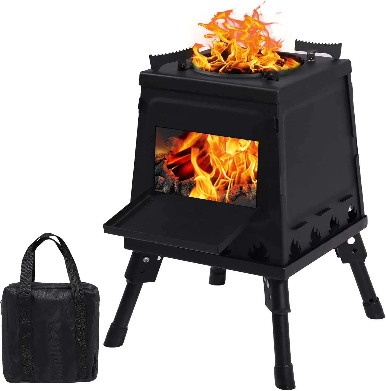 Lineslife Wood Burning Camp Stove, Portable Cast Iron Camping Wood Stove, Black Woodstove with Carrying Case for Backpacking Outdoor Cooking
