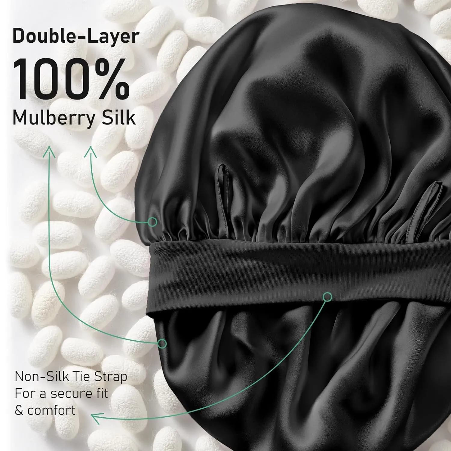 LitBear 100% Mulberry Silk Bonnet for Sleeping Women, 6A 22 Momme, Large Double-Layer Silk Hair Wrap with Tie Band, Non-Slip Silk Turban, Includes Silk Scrunchie