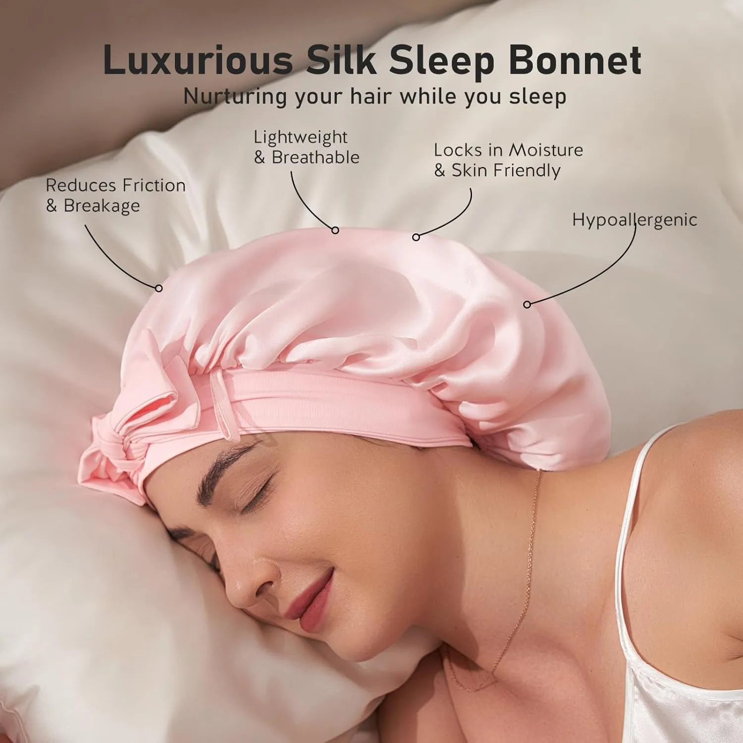 LitBear 100% Mulberry Silk Bonnet for Sleeping Women, 6A 22 Momme, Large Double-Layer Silk Hair Wrap with Tie Band, Non-Slip Turban, Includes Silk Scrunchie