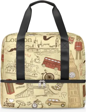 London Landmark Backdrop Travel Bag Double Tier Zip Closure Weekender Bag with Leather Handle Waterproof Sports Tote Gym Bag for Swim Beach Gym Yoga