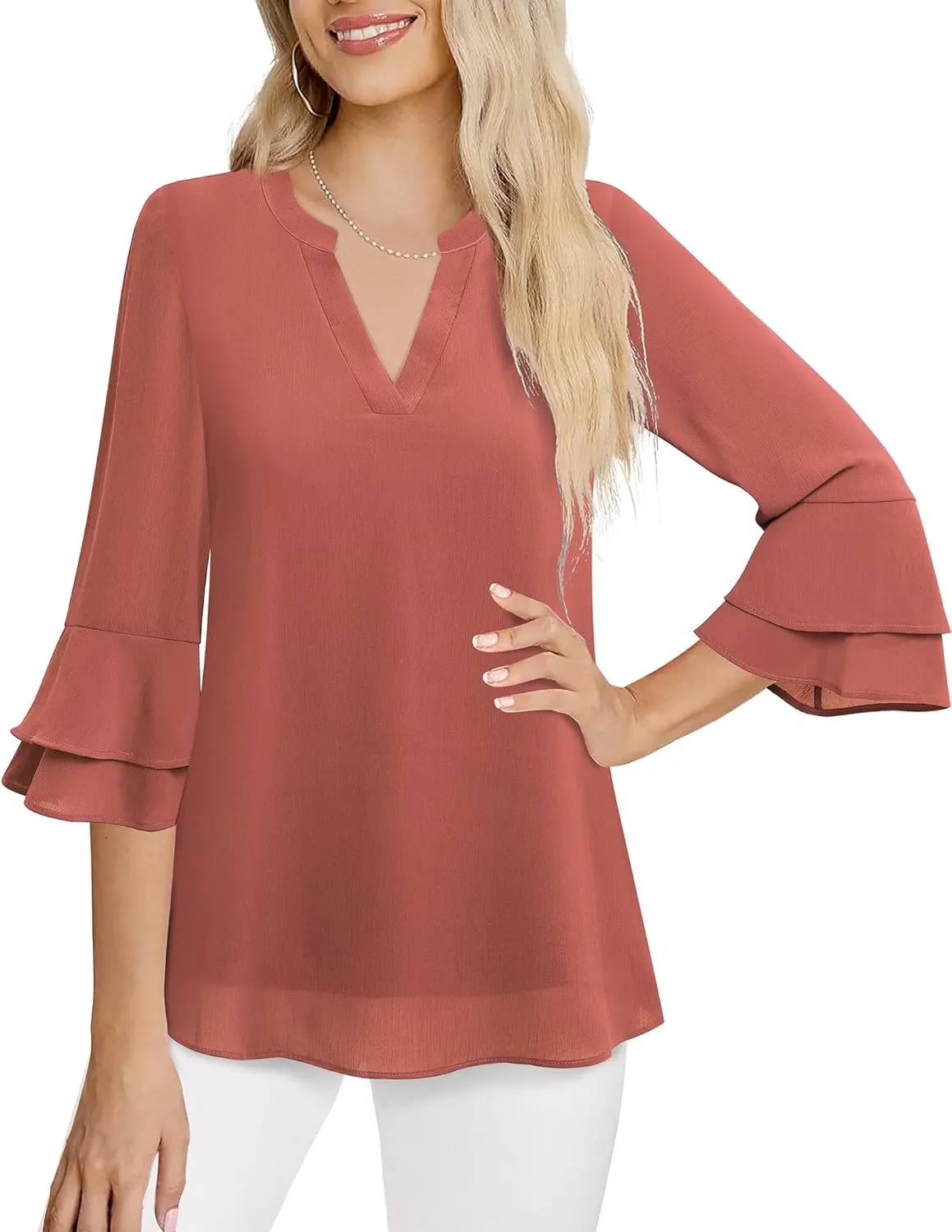 Lotusmile Womens Tops Dressy Casual 3/4 Tiered Bell Sleeve Blouses Double Layered Chiffon Work Tunic Shirts