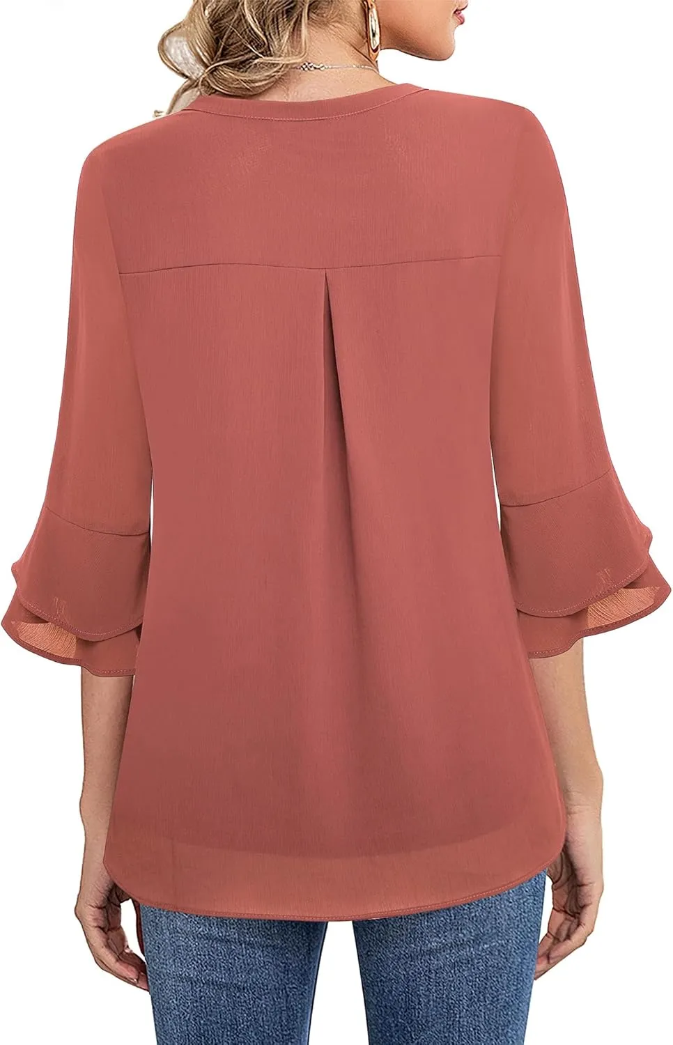 Lotusmile Womens Tops Dressy Casual 3/4 Tiered Bell Sleeve Blouses Double Layered Chiffon Work Tunic Shirts