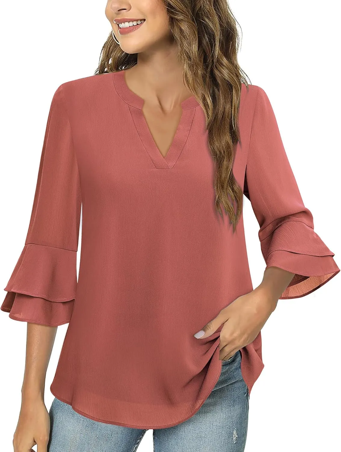 Lotusmile Womens Tops Dressy Casual 3/4 Tiered Bell Sleeve Blouses Double Layered Chiffon Work Tunic Shirts
