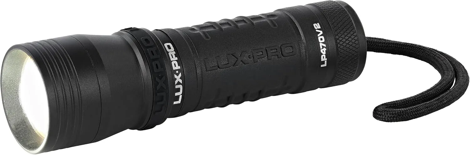 LUXPRO Focus 380 Lumen Handheld LED Flashlight - Features Patented TackGrip and Aircraft-Grade Aluminum - Pocket-Sized Camping Accessories with IPX4 Water-Resistant Rating - Batteries Included