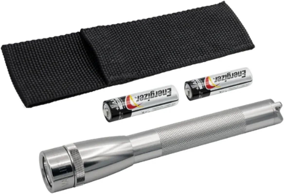 MagLite Mini LED Pro Flashlight - Ultra Bright 332 Lumens, Adjustable Beam, Water-Resistant IPX4, Shock Resistant, 2 Power Modes, Includes 2 AA Premium Alkaline Batteries - (Holster Pack, Gray)