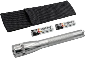 MagLite Mini LED Pro Flashlight - Ultra Bright 332 Lumens, Adjustable Beam, Water-Resistant IPX4, Shock Resistant, 2 Power Modes, Includes 2 AA Premium Alkaline Batteries - (Holster Pack, Gray)