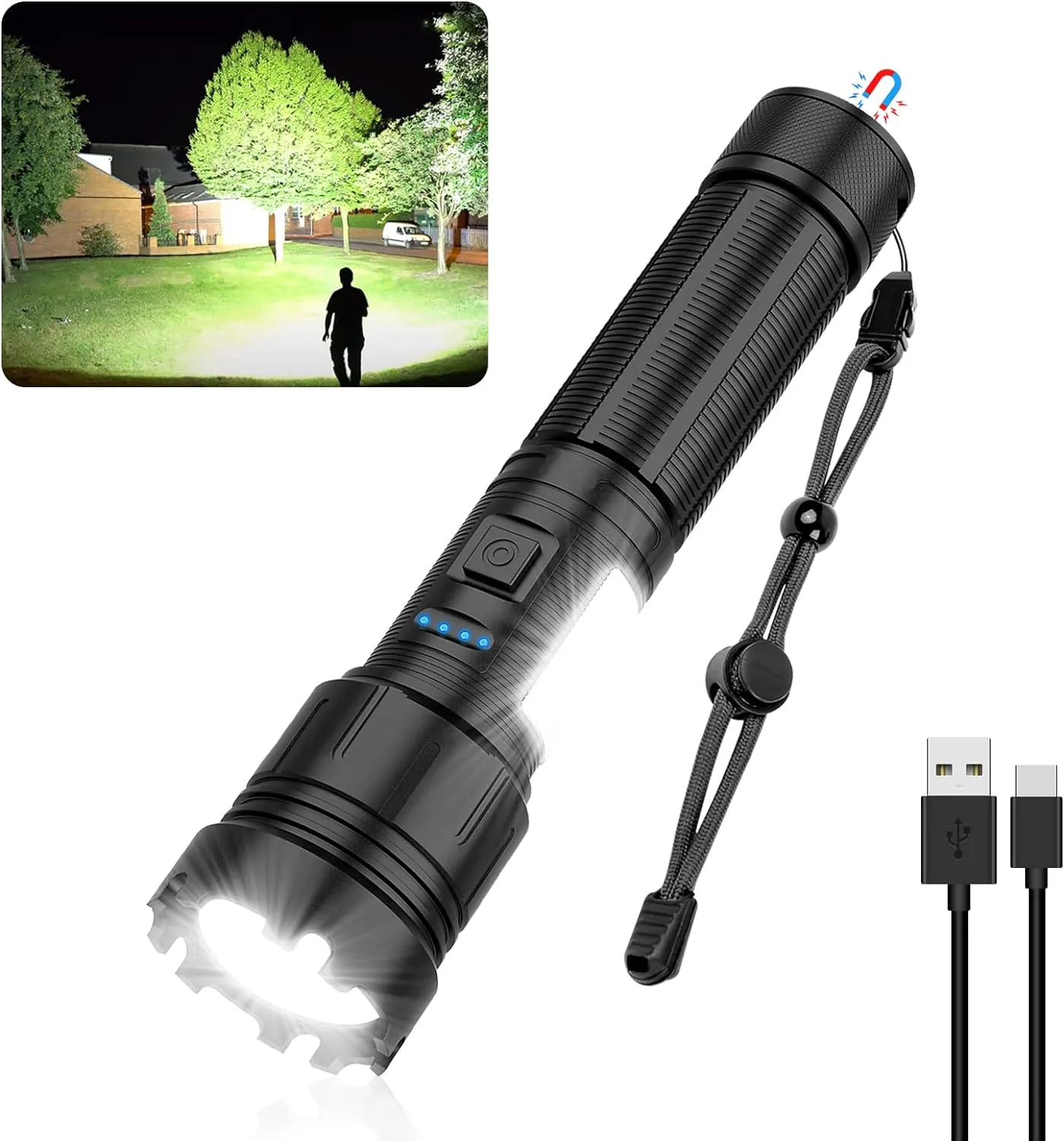 Magnetic Rechargeable Flashlight High Lumens, Super Bright LED Flash Light with COB Work Light, USB C, 7 Modes, Zoomable, IPX6 Waterproof Tactical Pocket Flashlights for Emergency Camping