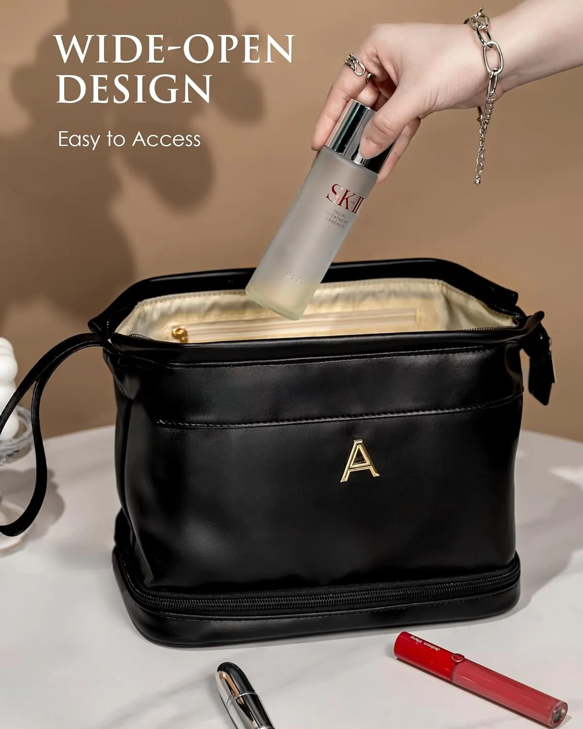 Makeup Bag for Women, Personalized Double Layer Cosmetic Bag with Makeup Brush Organizer, Waterproof, Large Capacity PU Leather Travel Toiletry Bag Gift Gift for Mom，Personalized Gifts