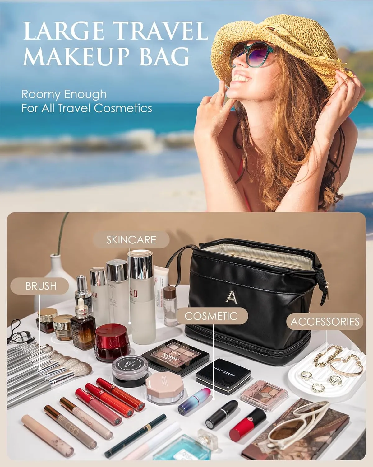 Makeup Bag for Women, Personalized Double Layer Cosmetic Bag with Makeup Brush Organizer, Waterproof, Large Capacity PU Leather Travel Toiletry Bag Gift Gift for Mom，Personalized Gifts