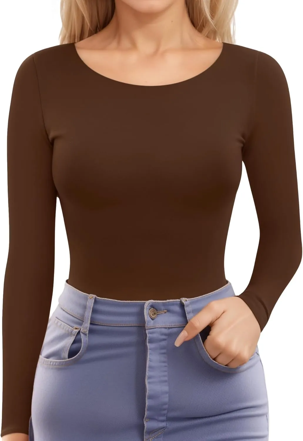 MANGOPOP Womens Tops Long Sleeve Crew Neck t Shirts Double Lined Slim Fitted Lined Tight Basic Tee Shirt