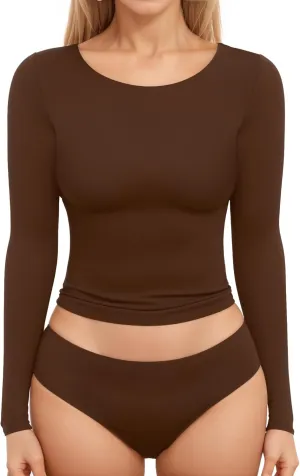 MANGOPOP Womens Tops Long Sleeve Crew Neck t Shirts Double Lined Slim Fitted Lined Tight Basic Tee Shirt