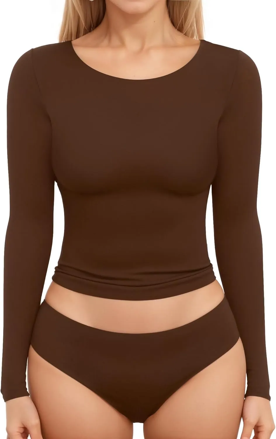 MANGOPOP Womens Tops Long Sleeve Crew Neck t Shirts Double Lined Slim Fitted Lined Tight Basic Tee Shirt