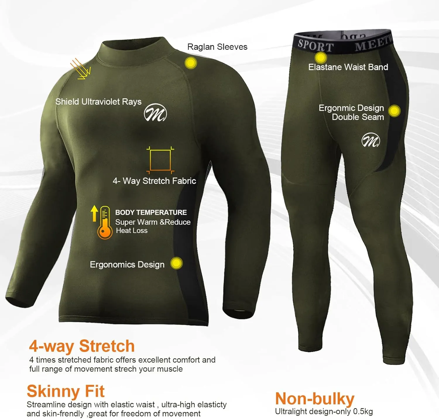 MEETWEE Men's Thermal Underwear Set, Winter Ski Gear Fleece Lined Long Johns Base Layer Warm Top & Bottom for Skiing Black
