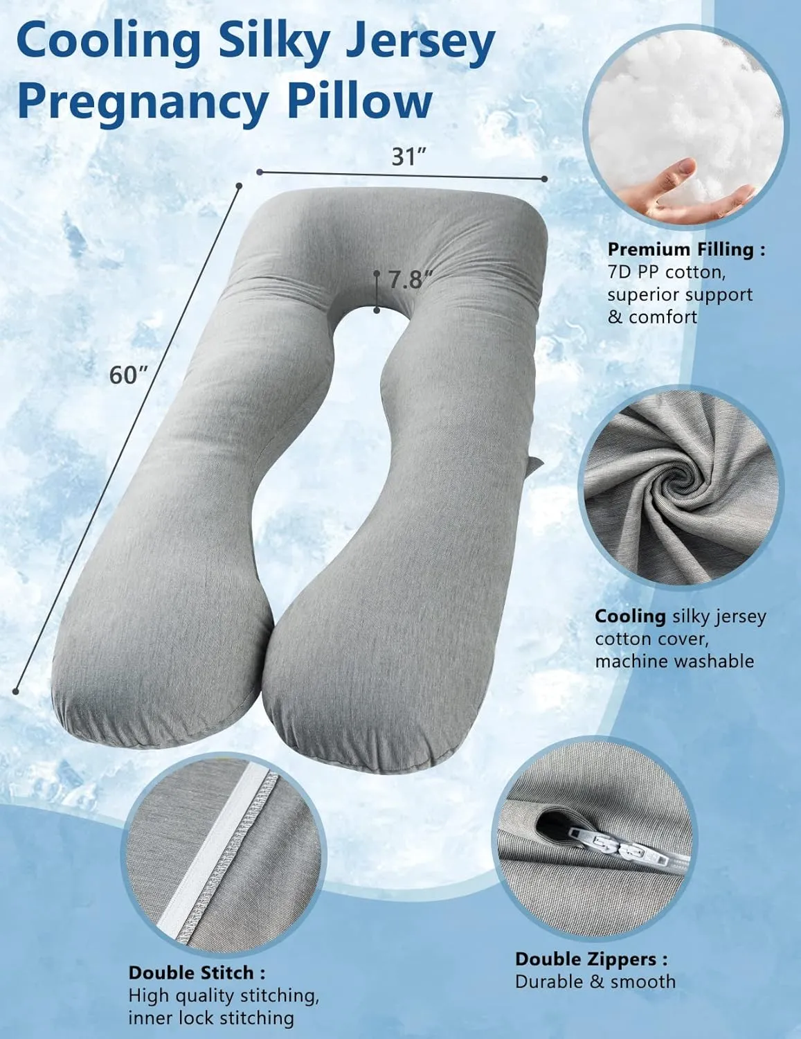 Meiz Pregnancy Pillows, Cooling Silky Pregnancy Pillows for Sleeping, 60" Full Body Maternity Pillow for Tall Pregnant Woman with Cooling Silk Jersey Cover, Grey
